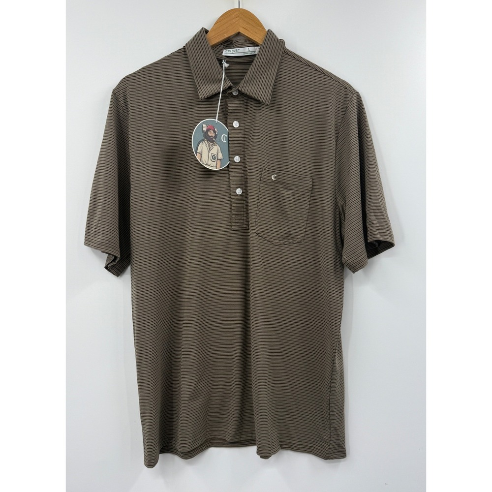 Criquet Mens Players Shirt Brown Black Micro Stripe Pima Cotton Polo Large NWT